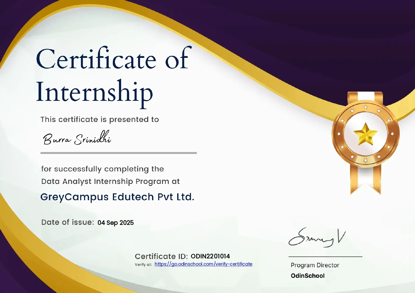 Burra Srinidhi certificate